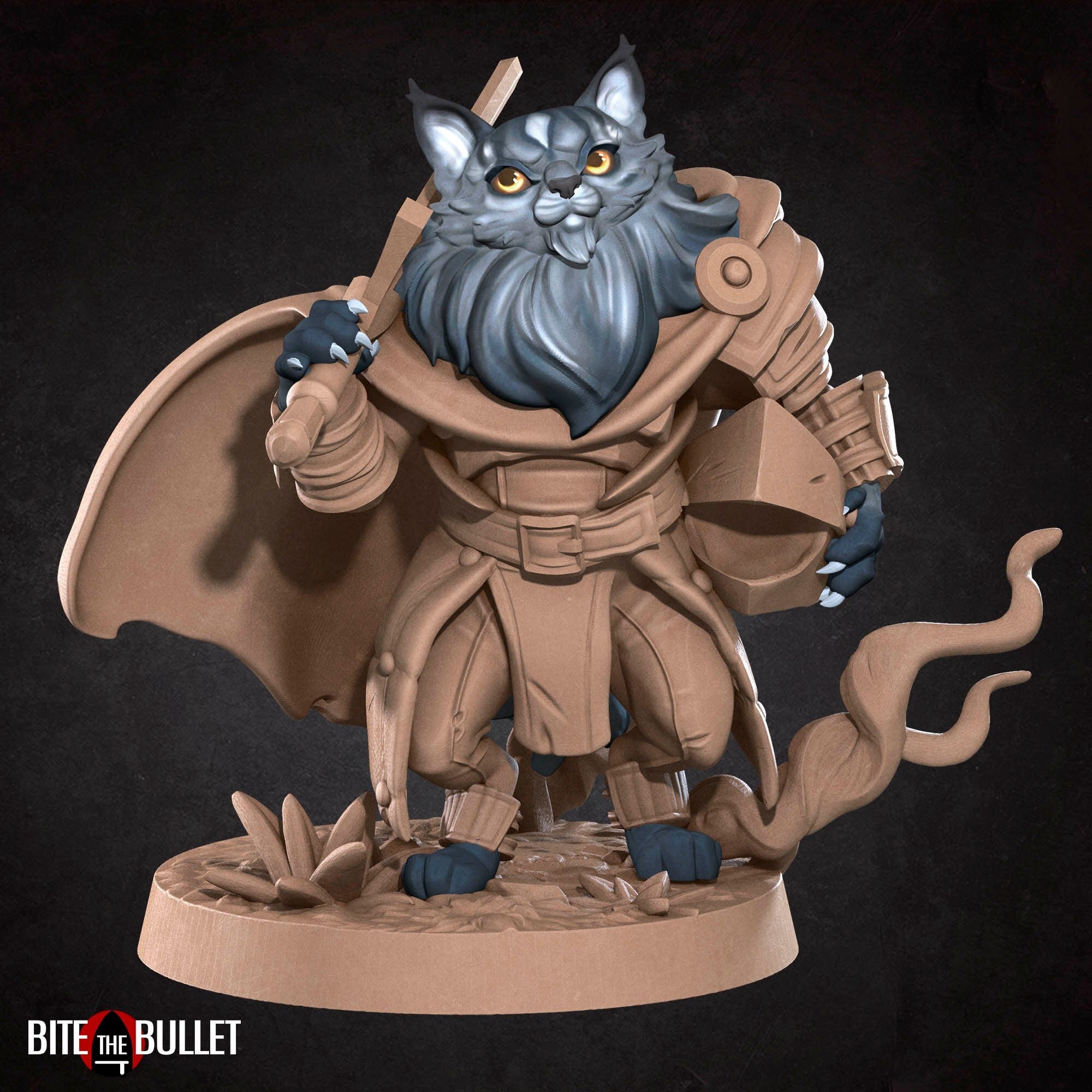 Anthropomorphic cat warrior carrying a helmet and sword; resin miniature by Bite the Bullet.